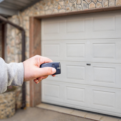 College Station security key fob pointing to a garage door