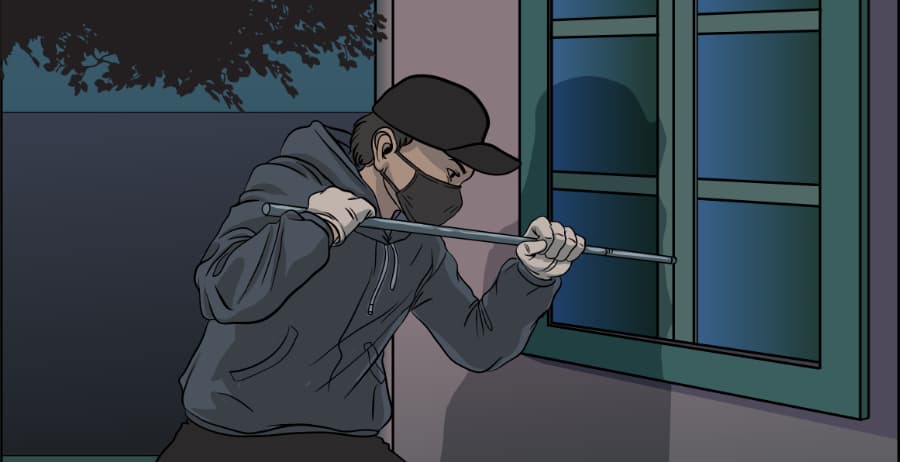 Illustration of burglar forcing entry through a window in College Station